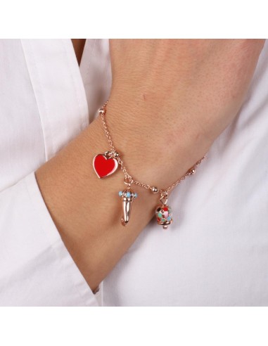 Cavigliera Rosa Gold con 3 charms Campanella Corno e Cuore Amo Capri