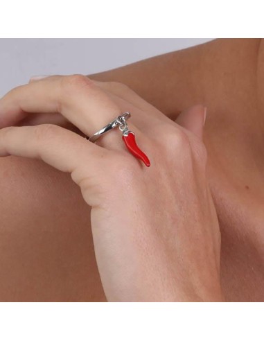 Anello Argentato con Corno Portafortuna Rosso Amo Capri