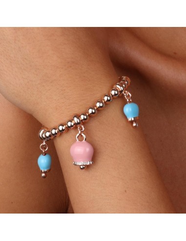 Bracciale Rosa Gold con 3 Campanelle Portafortuna Rosa e Azzurre Amo Capri