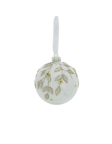Sfera di Natale bianca con foglie dorate Hervit