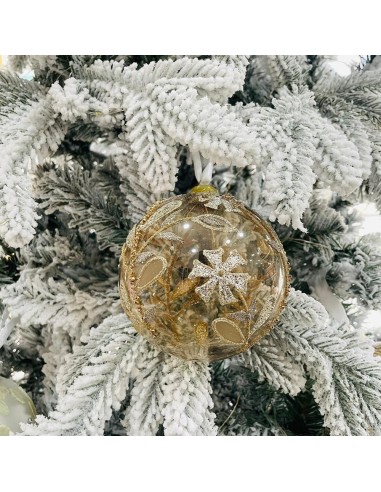 Sfera di Natale trasparente con decoro fiori dorati Hervit 8 cm