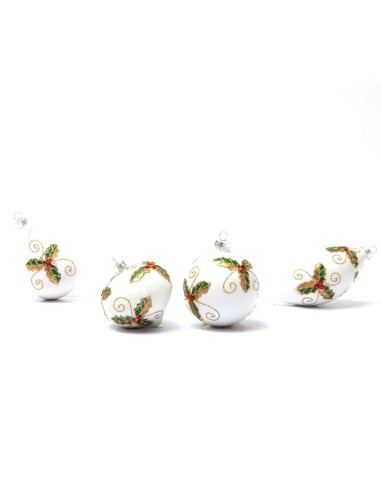 Set 4 Sfere Natalizie bianche con agrifoglio Silani