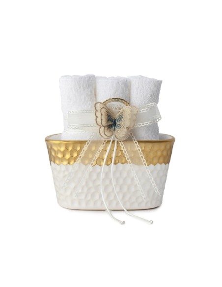 Vaso in gres bianco e oro con 3 lavette Hervit