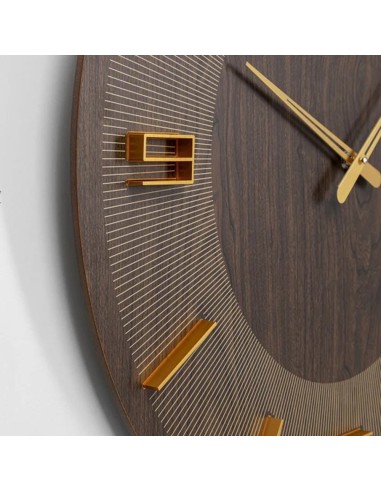 Orologio da Parete Design Moderno in Legno Marrone e Dettagli Oro
