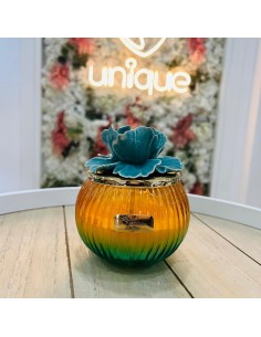 Candela sfera in vetro ambra e blu con fiore Pienne Design