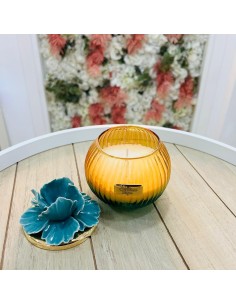 Candela sfera in vetro ambra e blu con fiore Pienne Design 2