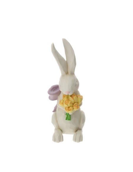 Coniglio in Resina Bianco 21 cm con Tulipani Hervit – Decorazione Pasquale