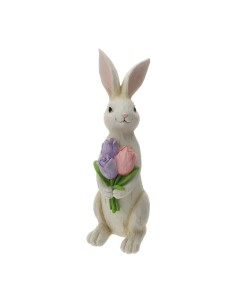 Coniglio in Resina Bianco 40 cm con Tulipani | Decorazione Pasqua Hervit