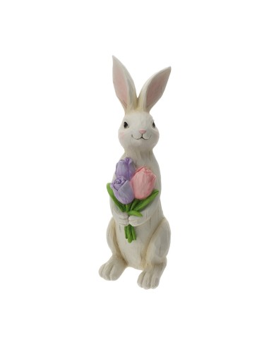 Coniglio in Resina Bianco 40 cm con Tulipani | Decorazione Pasqua Hervit