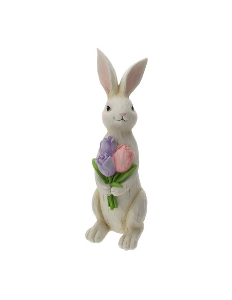 Coniglio in Resina Bianco 40 cm con Tulipani | Decorazione Pasqua Hervit