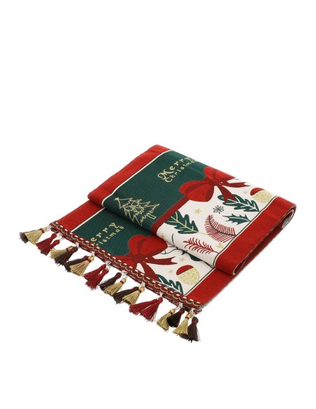 Runner natalizio rosso e verde con nappine