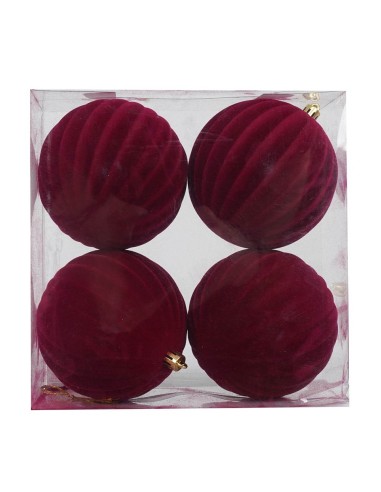 Set 4 Palle natalizie in velluto a righe bordeaux