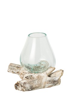 Vaso Vetro su Base Legno Bianco 20 cm J-Line