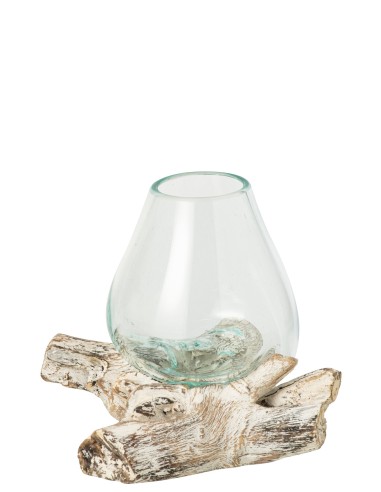 Vaso Vetro su Base Legno Bianco 20 cm J-Line