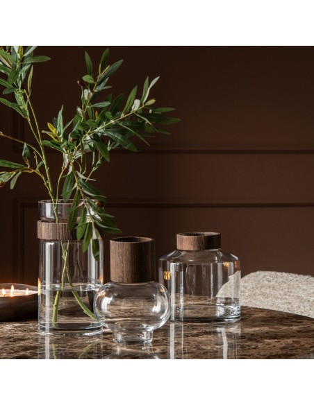 Vaso cilindrico in vetro trasparente e marrone scuro