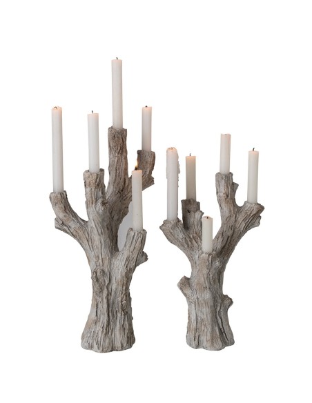 Candeliere a rami d'albero con 5 fiamme effetto legno