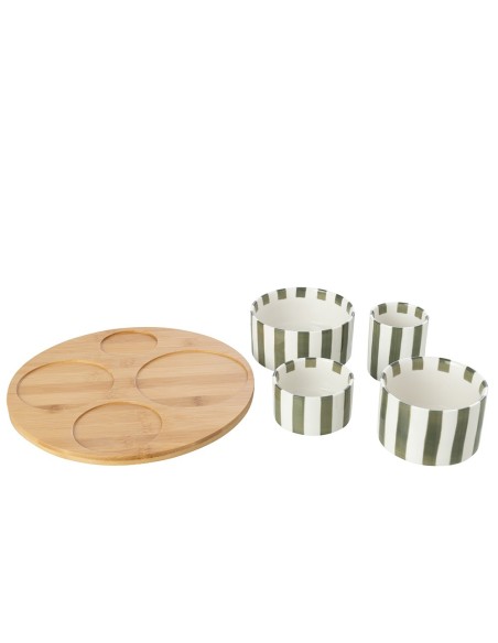 Set Aperitivo girevole con ciotole rigate verde oliva e bianco
