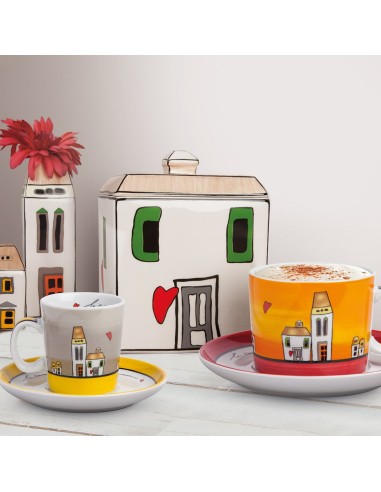 Set 2 Tazze da Colazione con Piattino Rosso e Arancio Le Casette Egan 340 ml